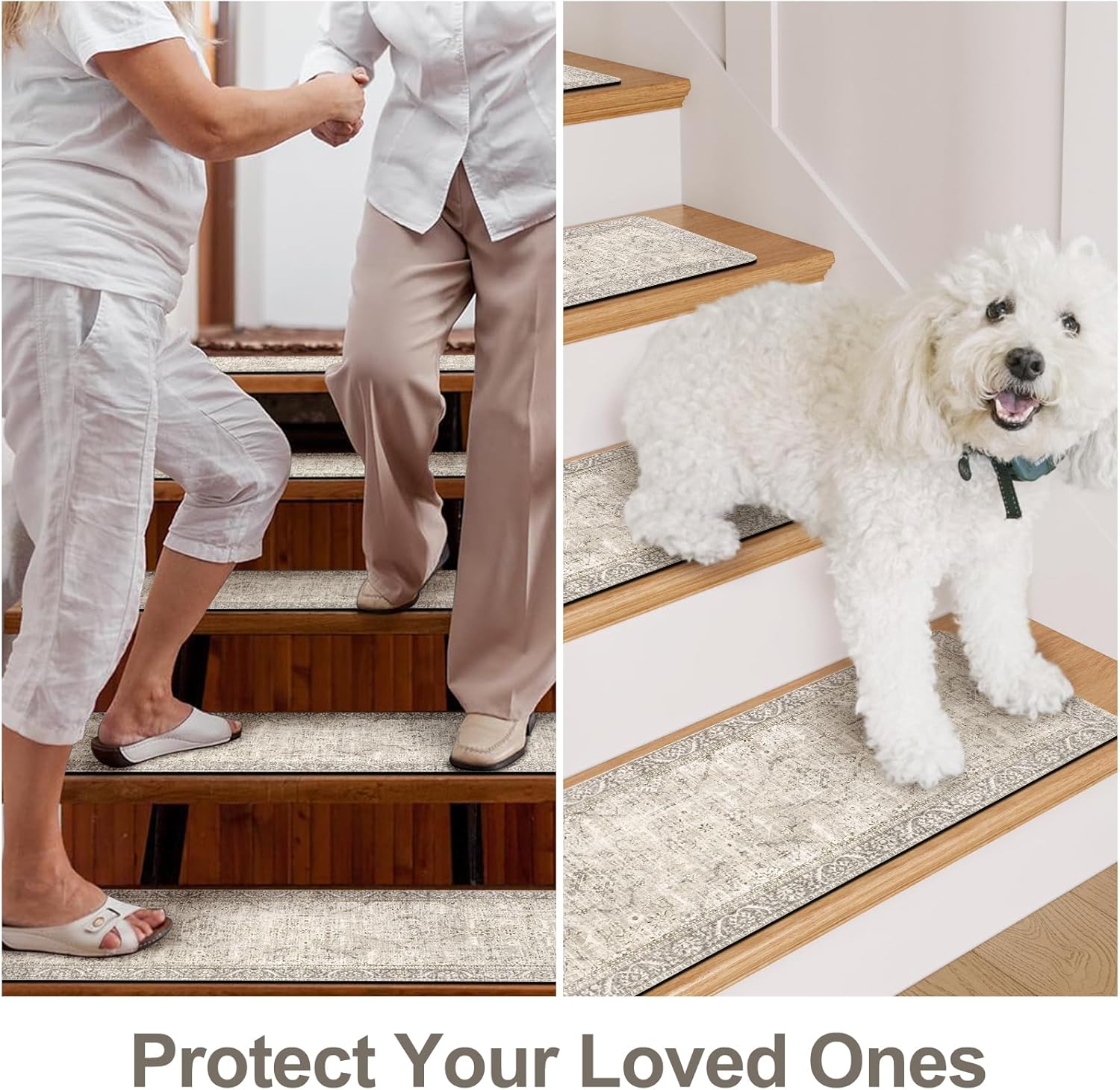 Tiveney Stair Treads Non Slip 15PCS 8x30 Stair Runner, Rubber Backing Carpet Stair Treads for Wooden Steps, Washable Safety Carpet for Stairs Khaki Indoor Staircase Step Treads for Kids Elder Dogs